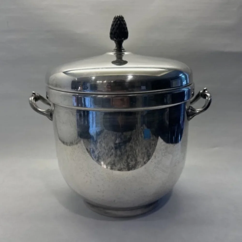 Vintage Sheffield Silver Co Ice Bucket Pineapple Lid Glass Liner MCM Silverplate